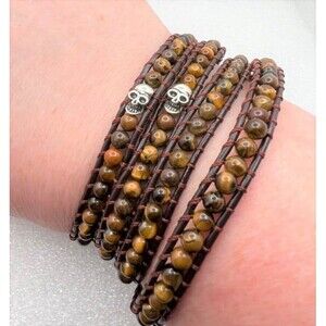 Very Nice Genuine Yellow Tiger Eye Wrap Bracelet with Skull Accents